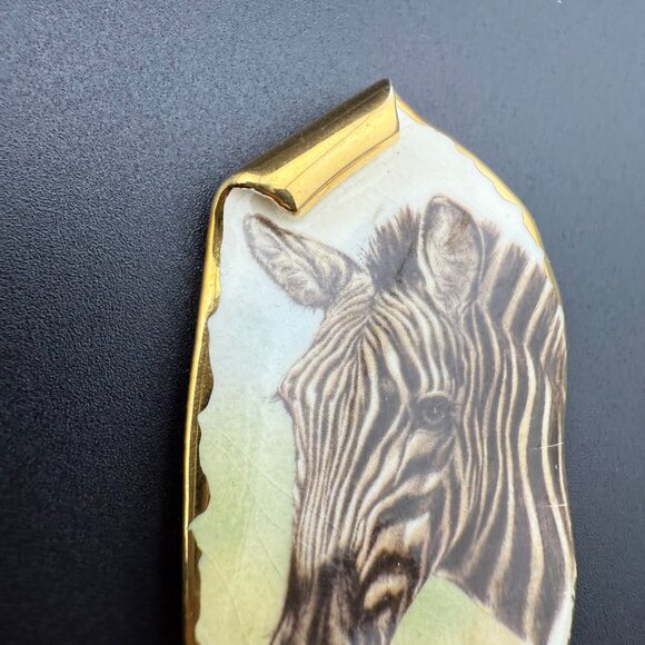 Handmade Zebra Print Ceramic Brooch Gold-Trimmed Pin Art By Cathy Meier - Picture 2 of 4
